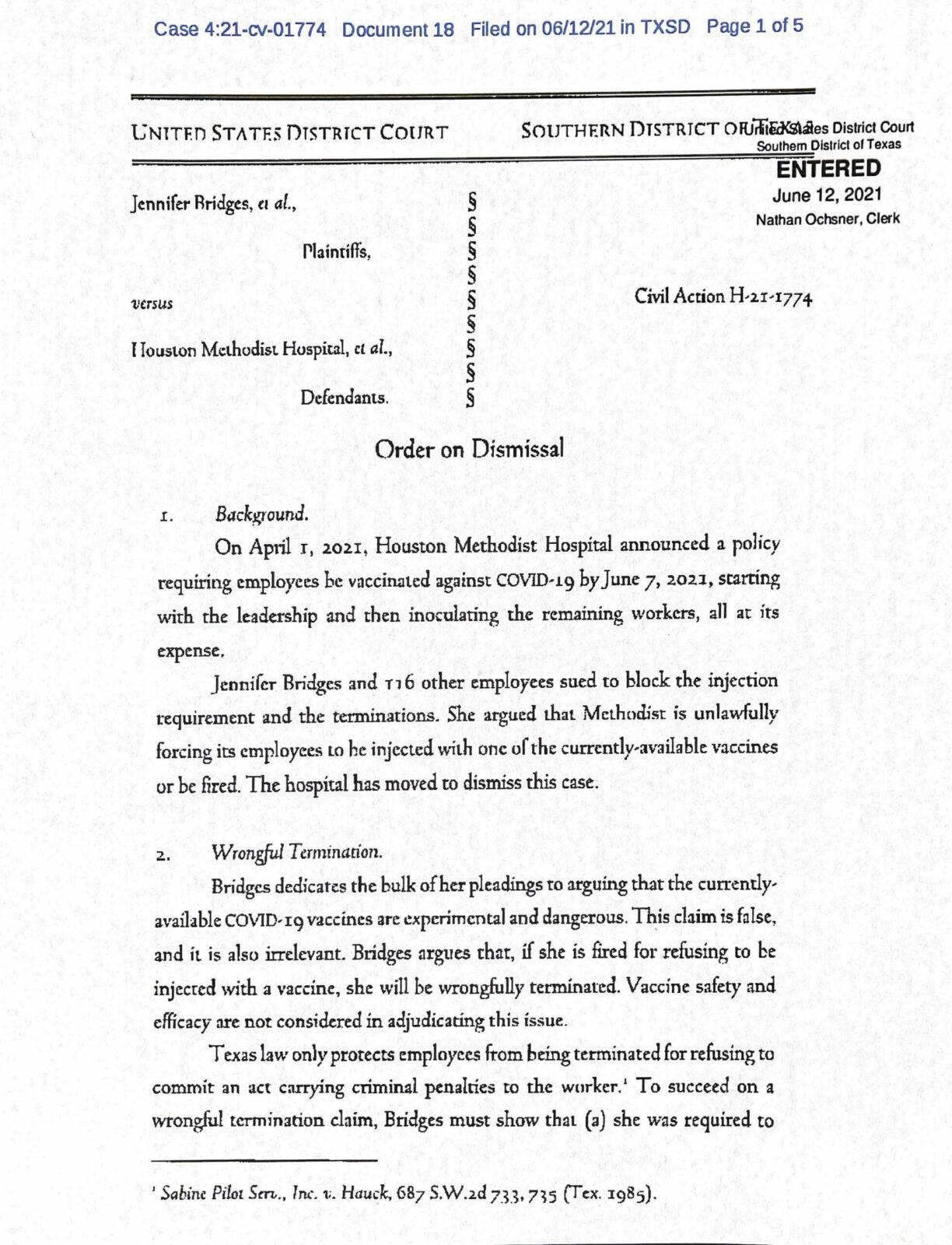 United States District Court Document - Order on Dismissal Page 1